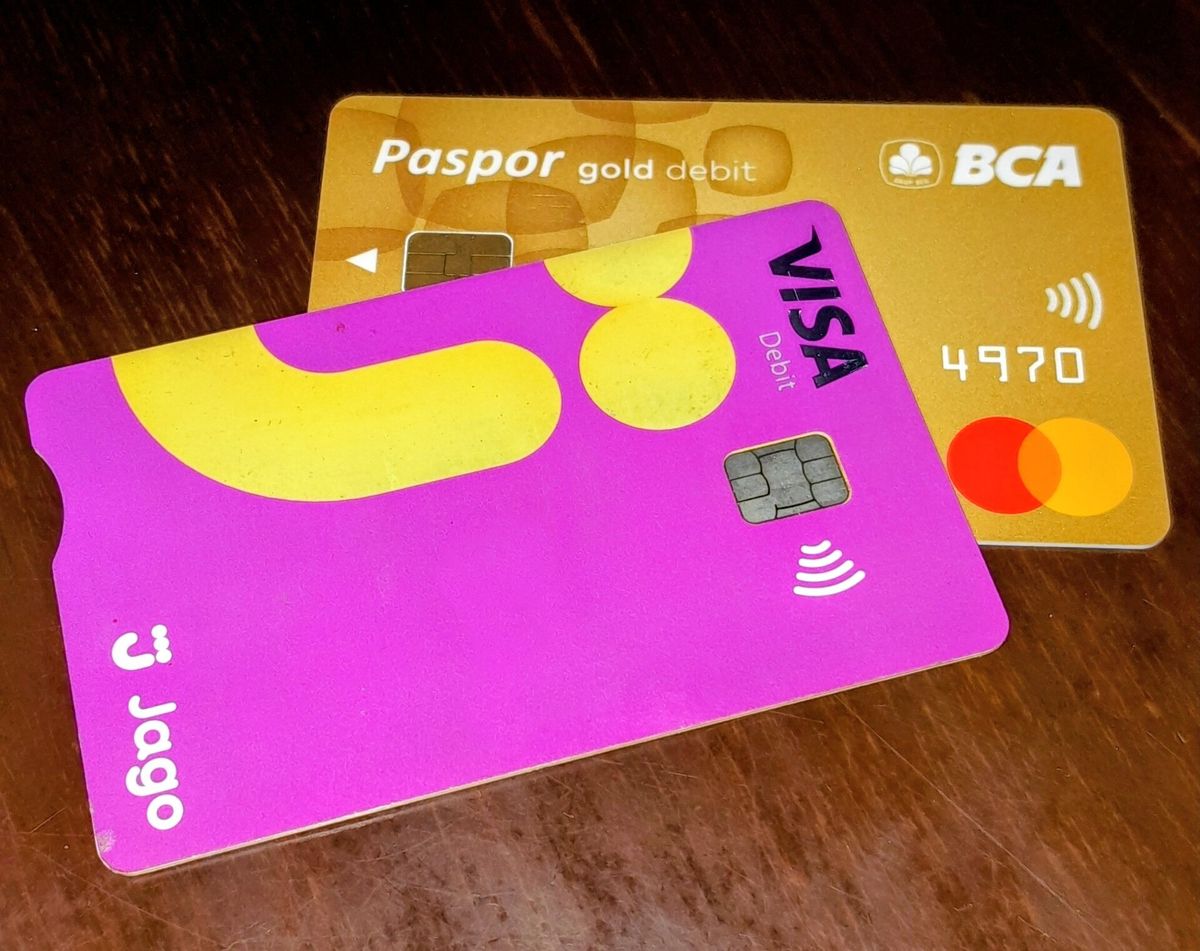 Two debit cards on a table
