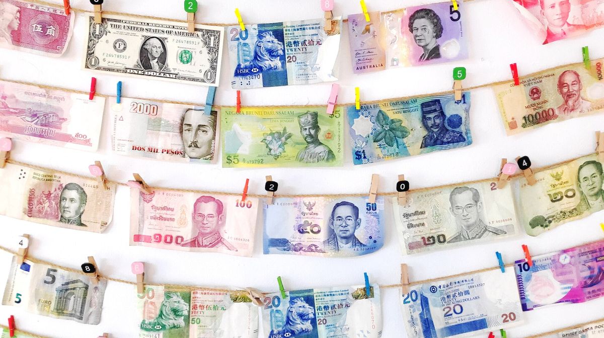 A display of banknotes from many different countries